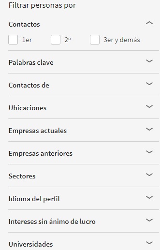 LinkedIn buscar personas y captación de clientes: "Filtrar personas por"