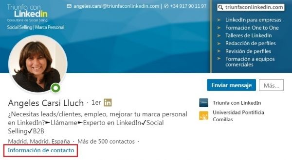 Enlace Información de contacto en el perfil de LinkedIn